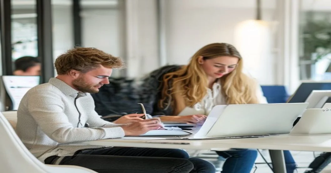 Equipo de una agencia de marketing digital online en España trabajando en estrategias digitales en una oficina moderna