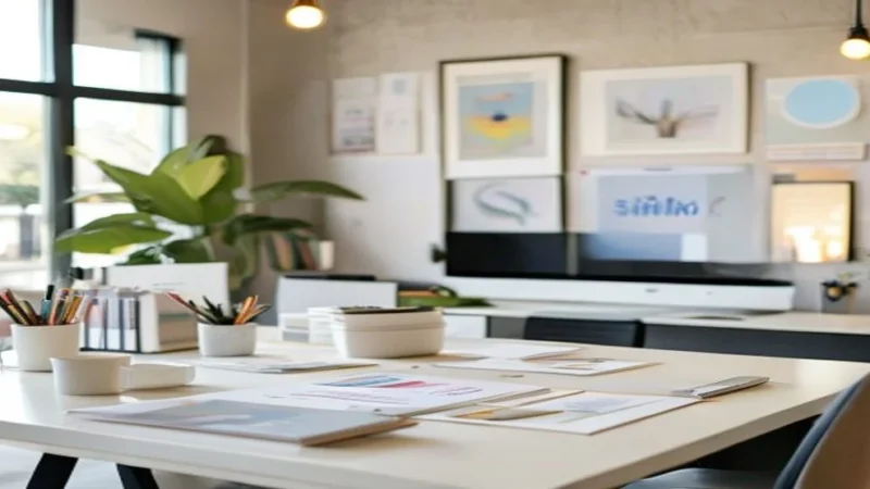 Espacio de trabajo de una startup con elementos de identidad de marca sobre una mesa, iluminación suave y fondo neutro