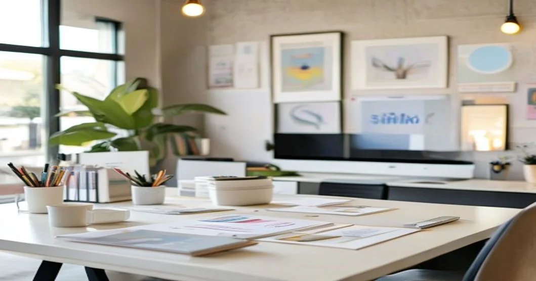 Espacio de trabajo de una startup con elementos de identidad de marca sobre una mesa, iluminación suave y fondo neutro
