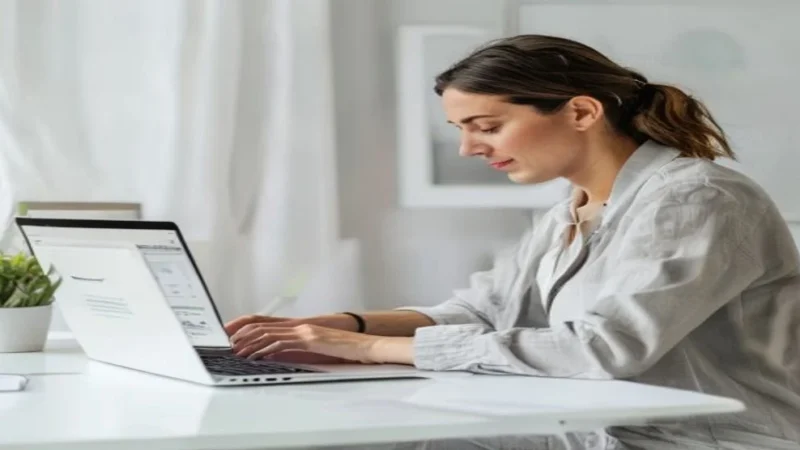 Propietario de pyme trabajando en email marketing desde su ordenador portátil en una oficina moderna y luminosa