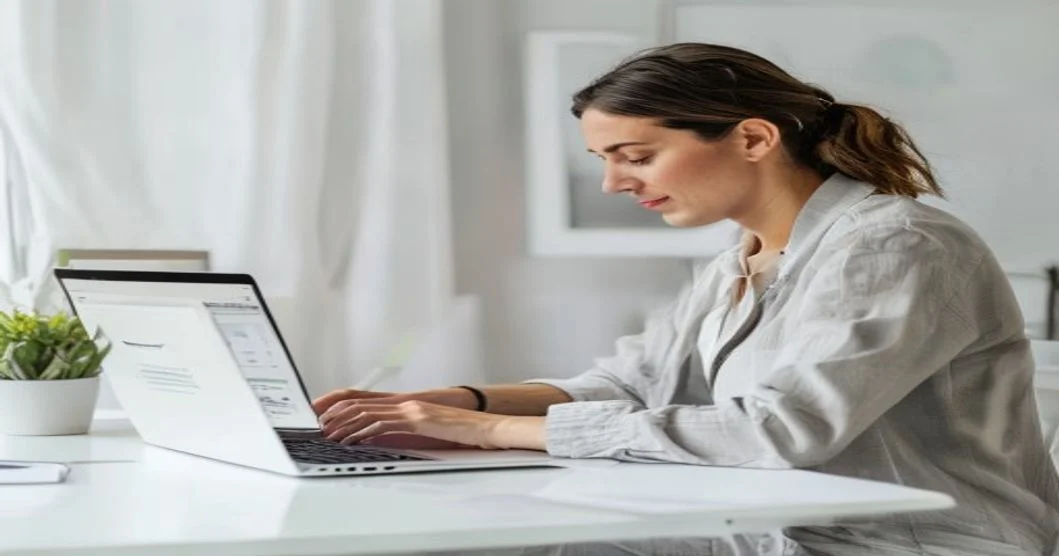 Propietario de pyme trabajando en email marketing desde su ordenador portátil en una oficina moderna y luminosa