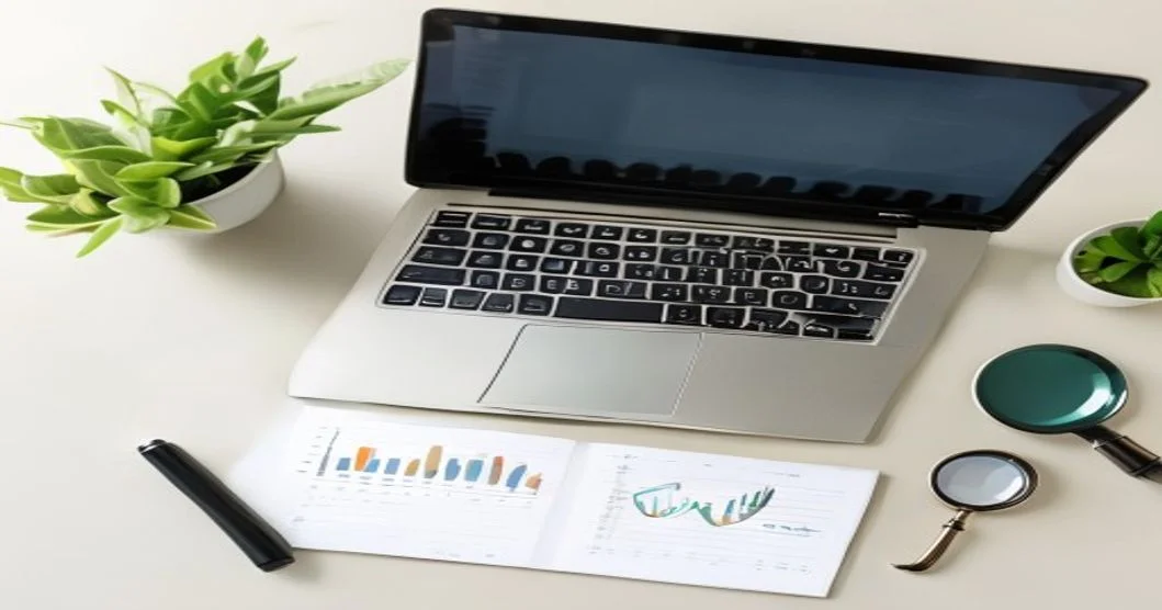 Herramientas SEO gratuitas para pymes representadas con laptop, lupa y gráficas analíticas sobre escritorio corporativo