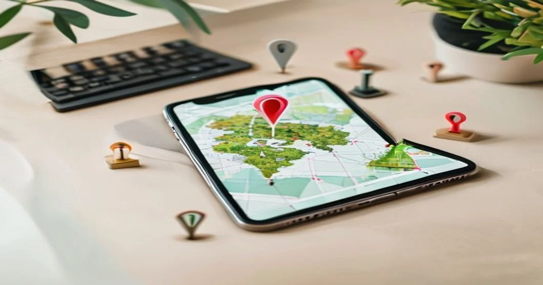 Smartphone con mapa digital y marcadores de ubicación junto a miniaturas de negocios físicos locales