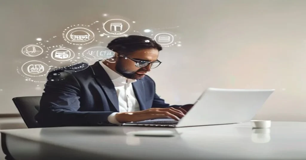 Profesional de negocios trabajando en marketing digital con iconos digitales, composición editorial corporativa sobre fondo neutro