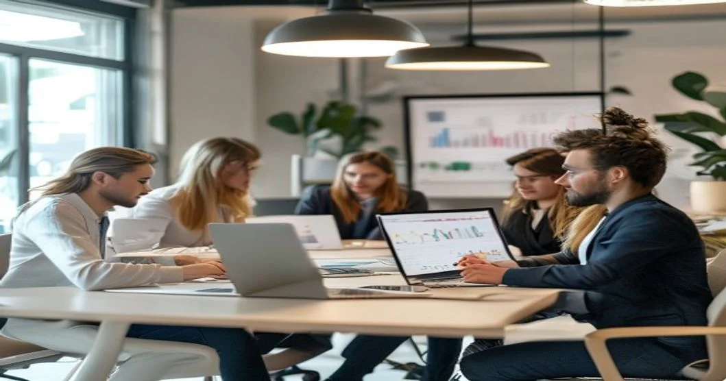 Equipo de profesionales de marketing digital trabajando en estrategia de redes sociales para empresas en oficina moderna