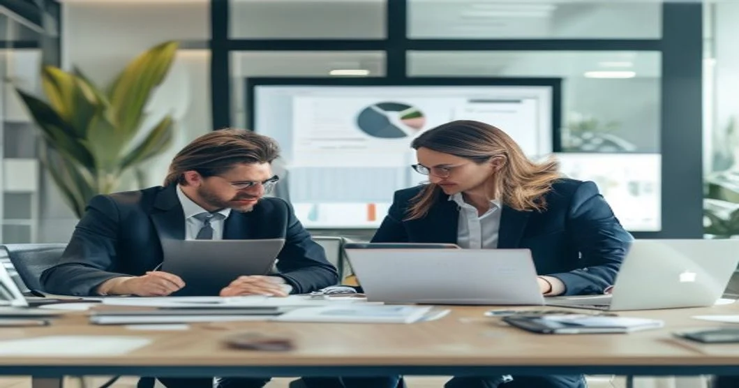 Reunión profesional para contratar agencia de marketing digital, revisando estrategias en portátil y documentos en oficina moderna