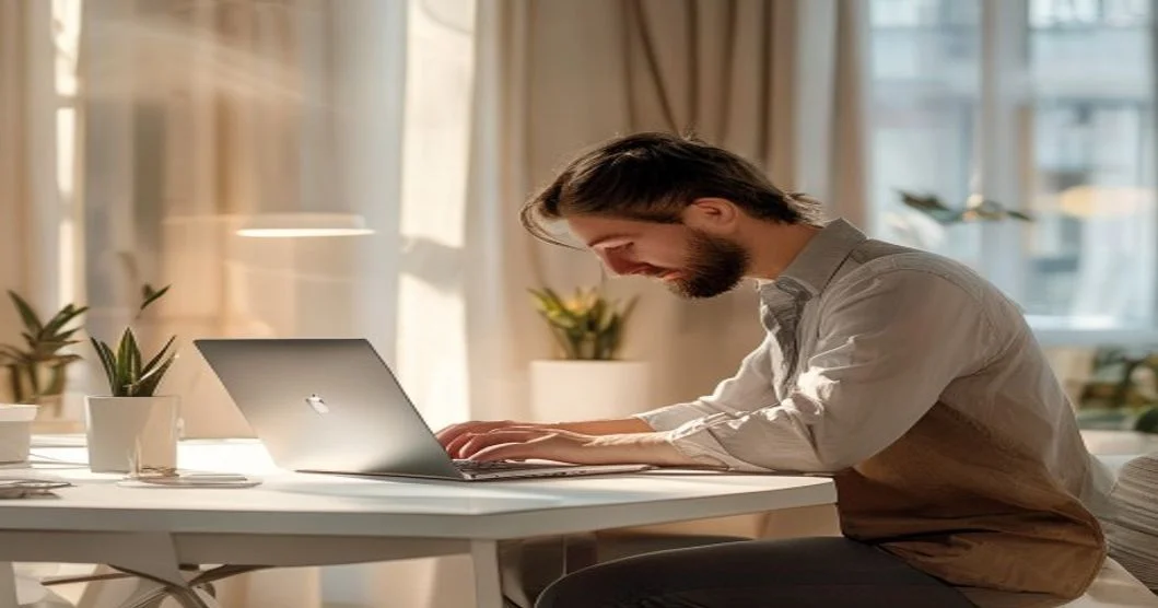 Emprendedor español configurando una tienda online en su pequeño negocio con un portátil en un escritorio moderno