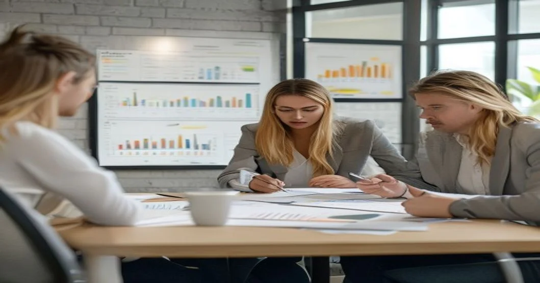 Equipo de una pyme reunido con un consultor SEO revisando estrategias de crecimiento digital en una oficina moderna